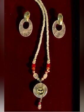 New Pink Opal and Pearl Jeweler Made Pendant Necklace and Earrings.  Gorgeous!